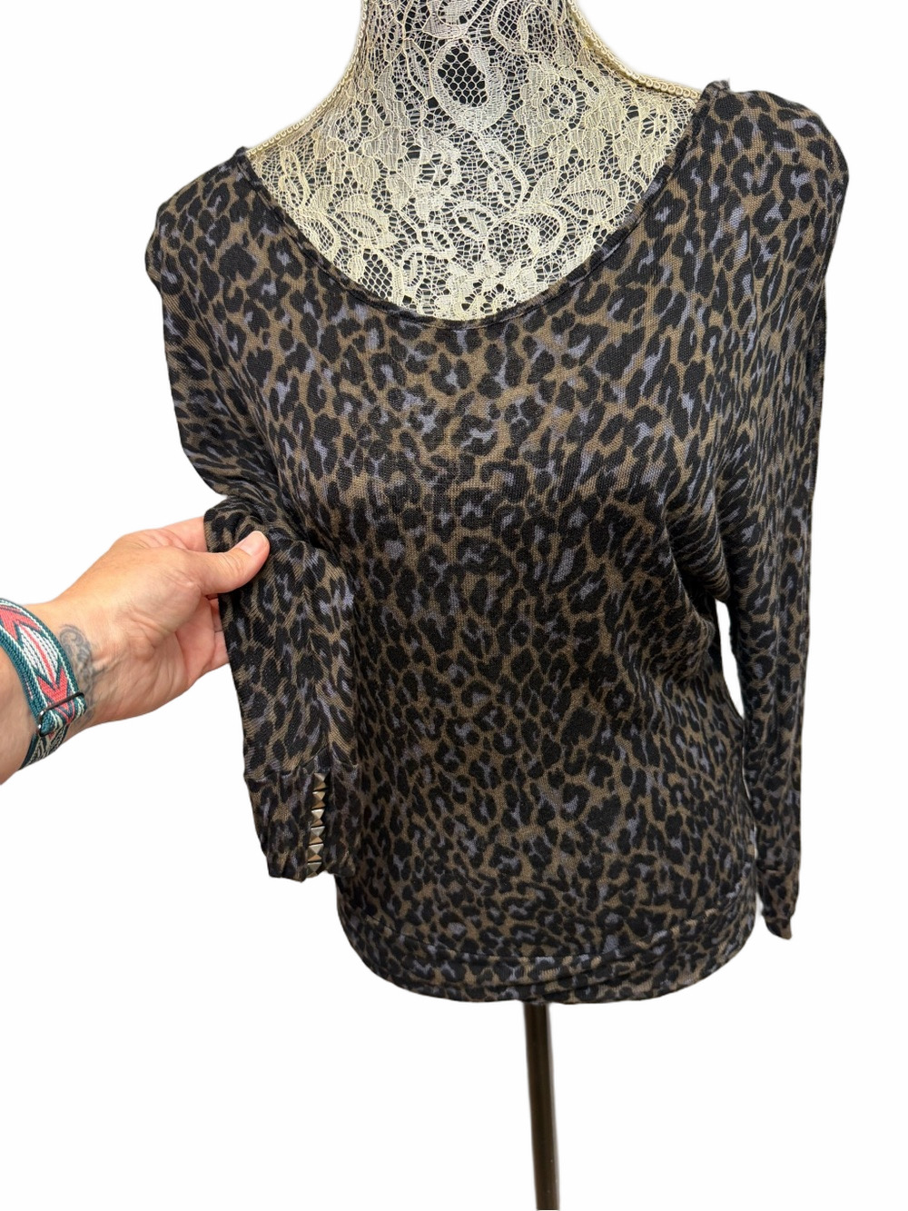 PaulnKC Vintage Y2K Leopard Print Studded Dolman Sleeve Top Indie Sleaze Large
